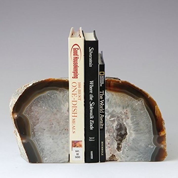 White agate bookend holding books 