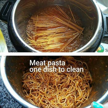 Photo set of pasta before and after its cooked in the pot, with caption that reads meat pasta one dish to clean