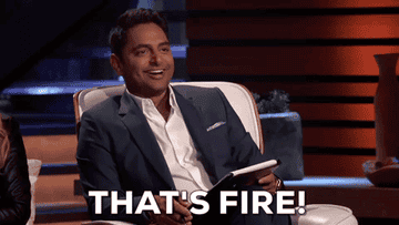 Animated Gif of Rohan Oza as a Shark on Shark Tank saying &quot;that&#x27;s fire!&quot; 