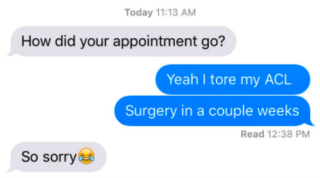 old person using the laughing crying emoji instead of a crying emoji when talking about acl surgery