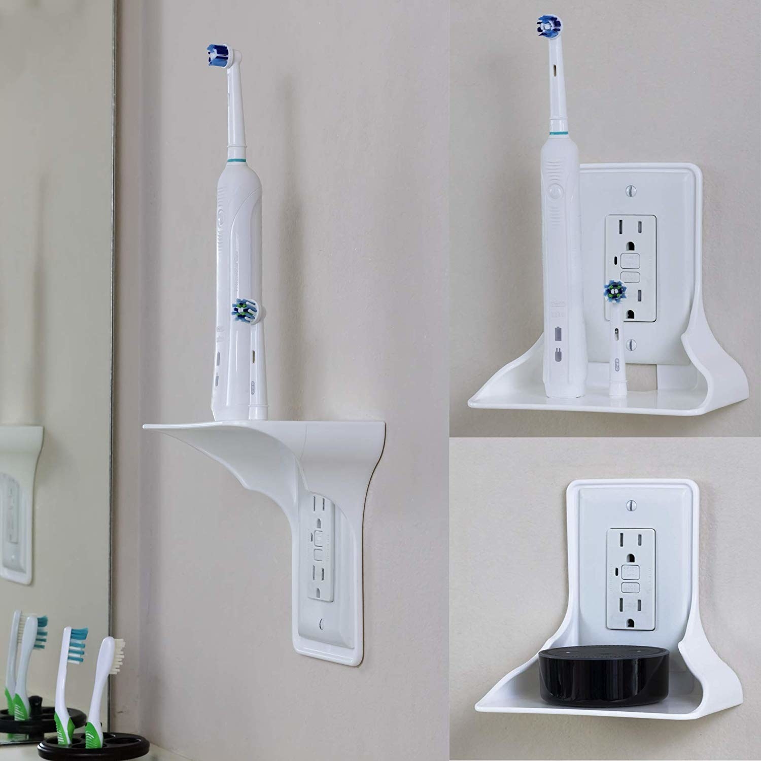 outlet shelf that fits underneath a switchplate to hold an electric toothbrush or a speaker