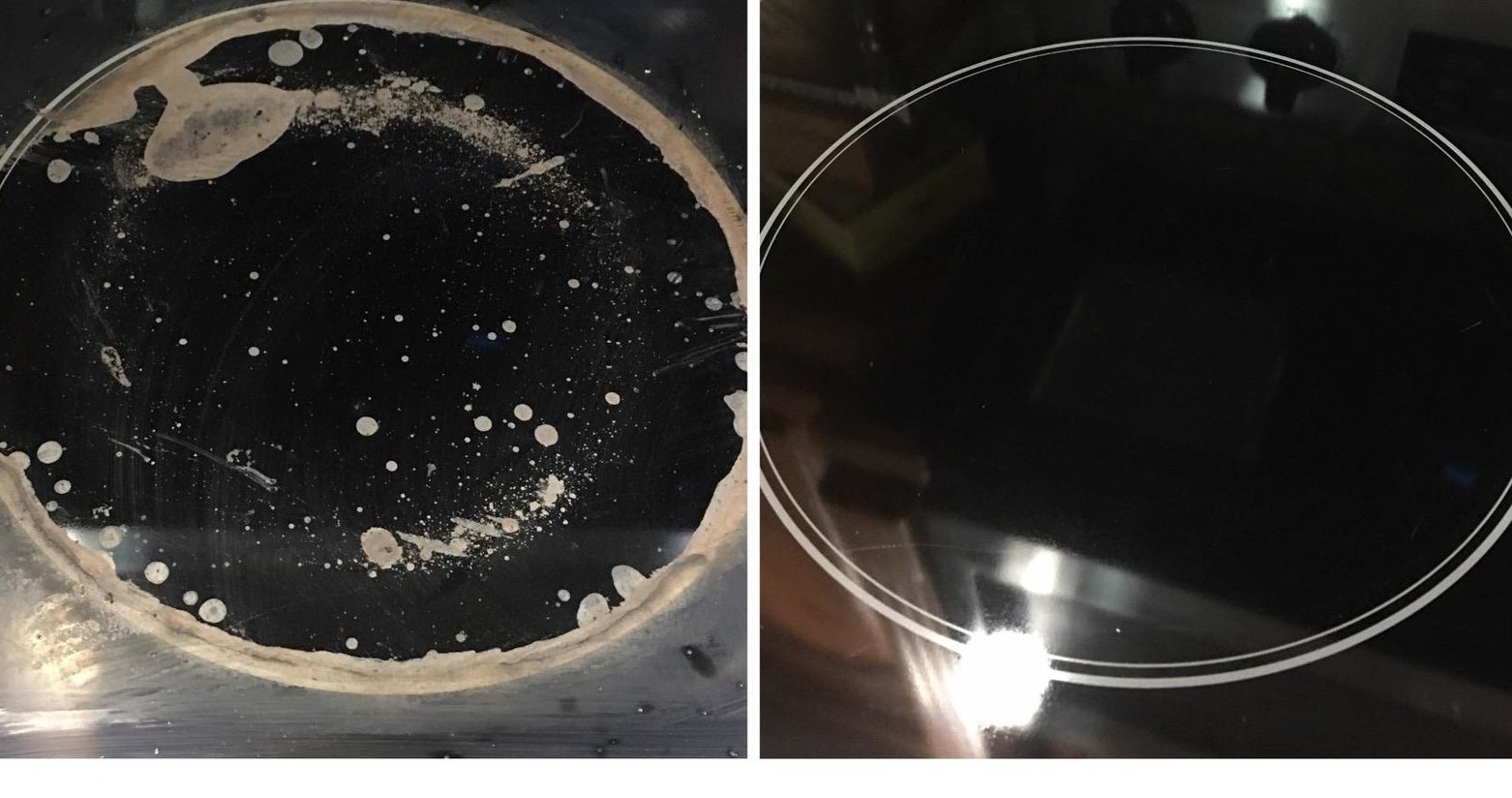 Reviewer photo showing a cooktop before and after using the cleaning kit. The before photo shows heavy staining and the after photo shows a clean shiny cooktop
