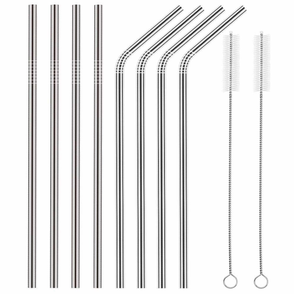 Includes four bent straws, four straight straws, and two cleaning brushes. The straws are made of food-grade stainless steel, are FDA-approved, plastic- and BPA-free, re-usable, environmentally-friendly, dishwasher-safe, and don't have that dreaded metal after taste.Get them from Amazon for $7.59 (available in two sizes).