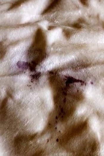 A white fluffy blanket with a red wine stain