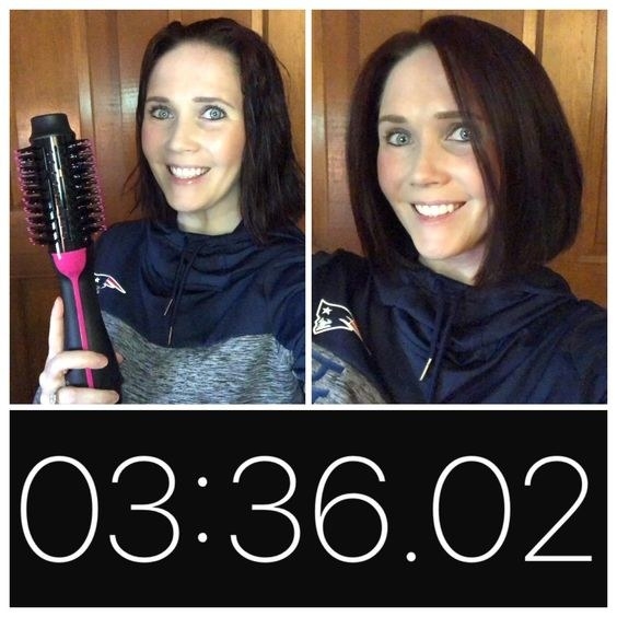 A reviewer with wet, and then blown-out voluminous and straight bob-length hair, with a time stamp to show that it only took 3 minutes and 36 seconds
