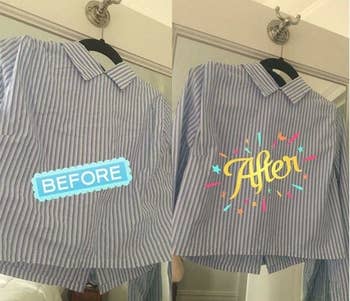 Reviewer's before-and-after picture of wrinkly blouse and then crisp-looking blouse