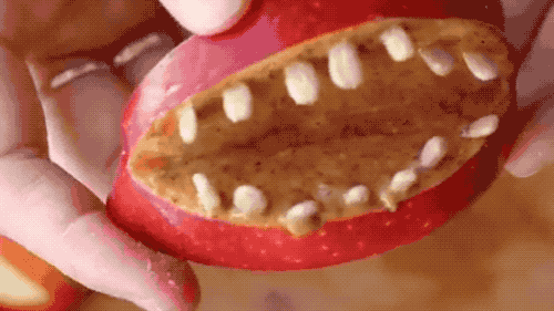 Using three simple ingredients you'll want to take a bite out of this. How 'bout dem' scary apples?Monster Apples:– 1 or more apples– nut butter or jam– seeds, or broken pieces of nuts