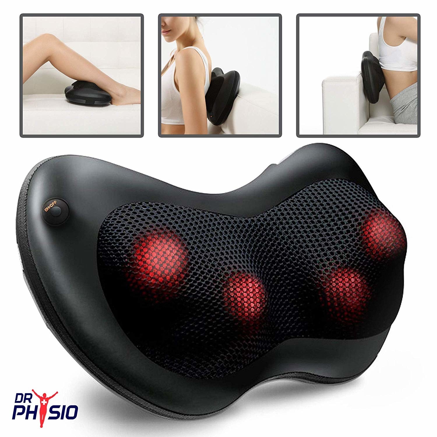 A black body massager with a collage of a woman using it on different parts of her body.