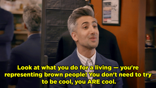 Hasan: I look like a dweeb.Tan: Who cares! Is being cool super important to you? Hasan: Yes!Tan: Why? We're too old for that shit. I don't care about looking cool, I just wanna look like me and if look dweeby, I look dweeby. Look at what you do for a living — you're representing brown people! You don't need to try to be cool, you ARE cool. You're about to take on something massive! You really are the first person to represent people like us on this kind of show and I wanna prepare you saying: Bitch, don't look for that positivity, you might find it. Go in with a real expectation.