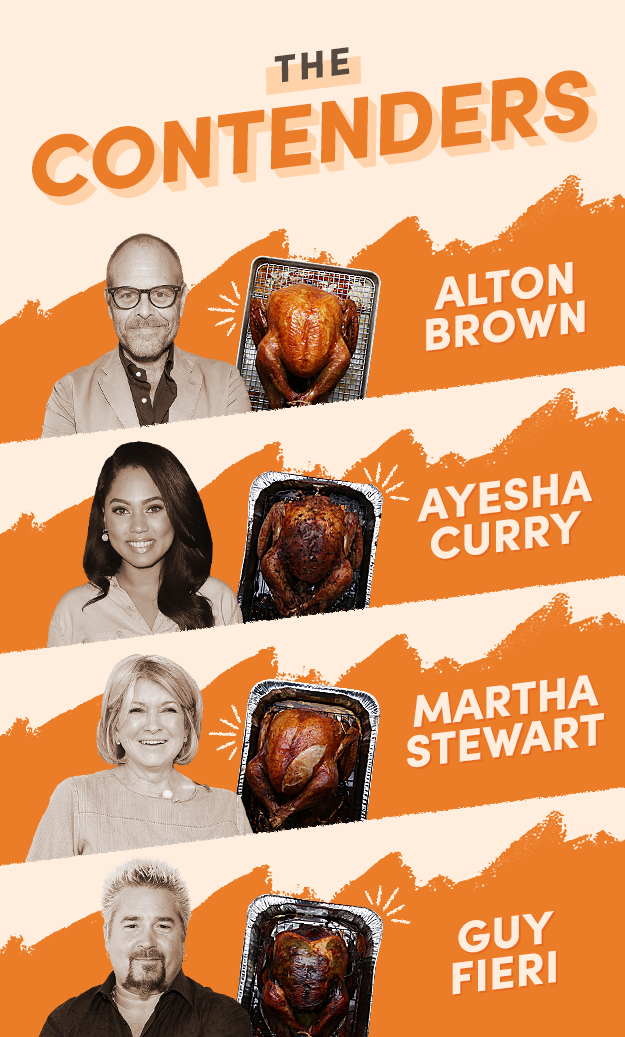 This was my lineup:1. Alton Brown: Because Alton is the king of technical cooking projects, and I felt like turkey definitely falls into that category. He brines his bird and fills the cavity with a special microwaved flavoring mixture. I was intrigued.2. Ayesha Curry: Because I always associate turkey with being bland and flavorless, and her jerk turkey recipe seemed like it would actually have flavor.3. Martha Stewart: Because I was expecting her to do something super traditional, but it turns out she actually covers her turkey in cheesecloth that's soaked with butter and wine, so I was curious to see what that's all about.4. Guy Fieri: Because his recipe is literally called "mean green turkey machine," and I knew it would take me on a trip to Flavor Town (for better or worse).