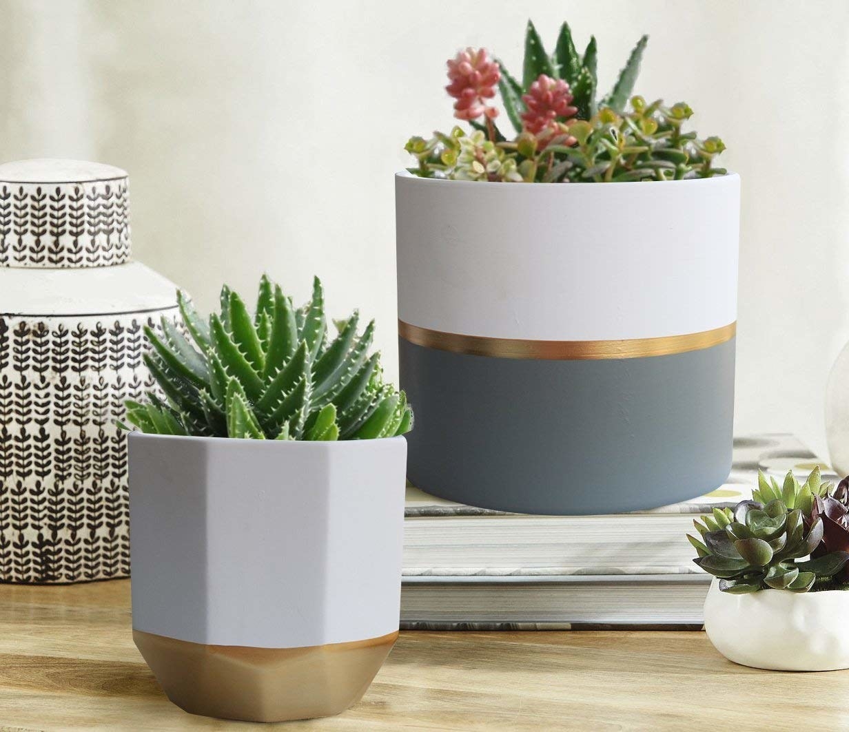 A small white and gold geometric planter and a larger circular white, grey, and gold planter with plants inside