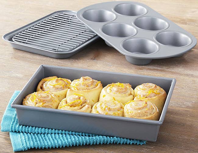 10-Piece Nonstick Bakeware Set Carbon Steel Baking Trays W/ Blue Silicone  Handles, (Gold),Cookware Set, Pastry Cake Mold - AliExpress