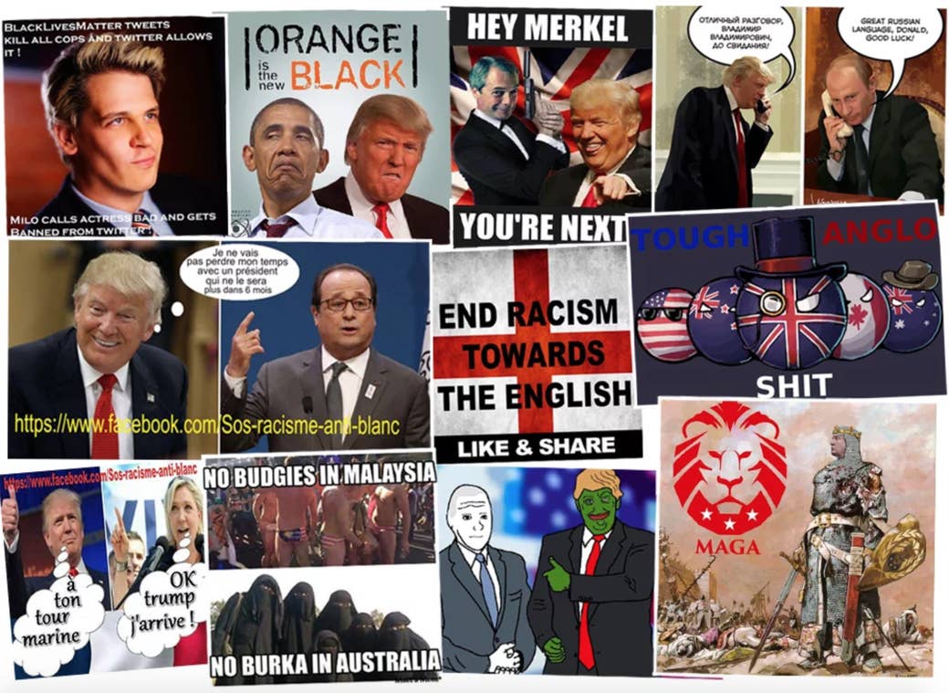 A sample of memes from far-right communities like Britain First, Sos racisme anti-blanc, Meninist Posts, 4chan, /r/The_Donald, and United Patriots Front.