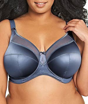 A model wearing the bra in stormy blue
