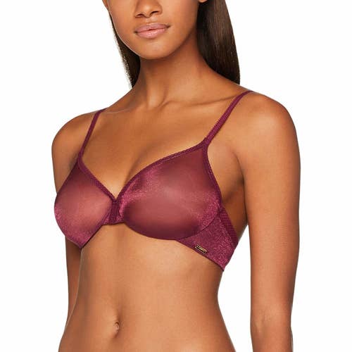 A model wearing the bra in burgundy