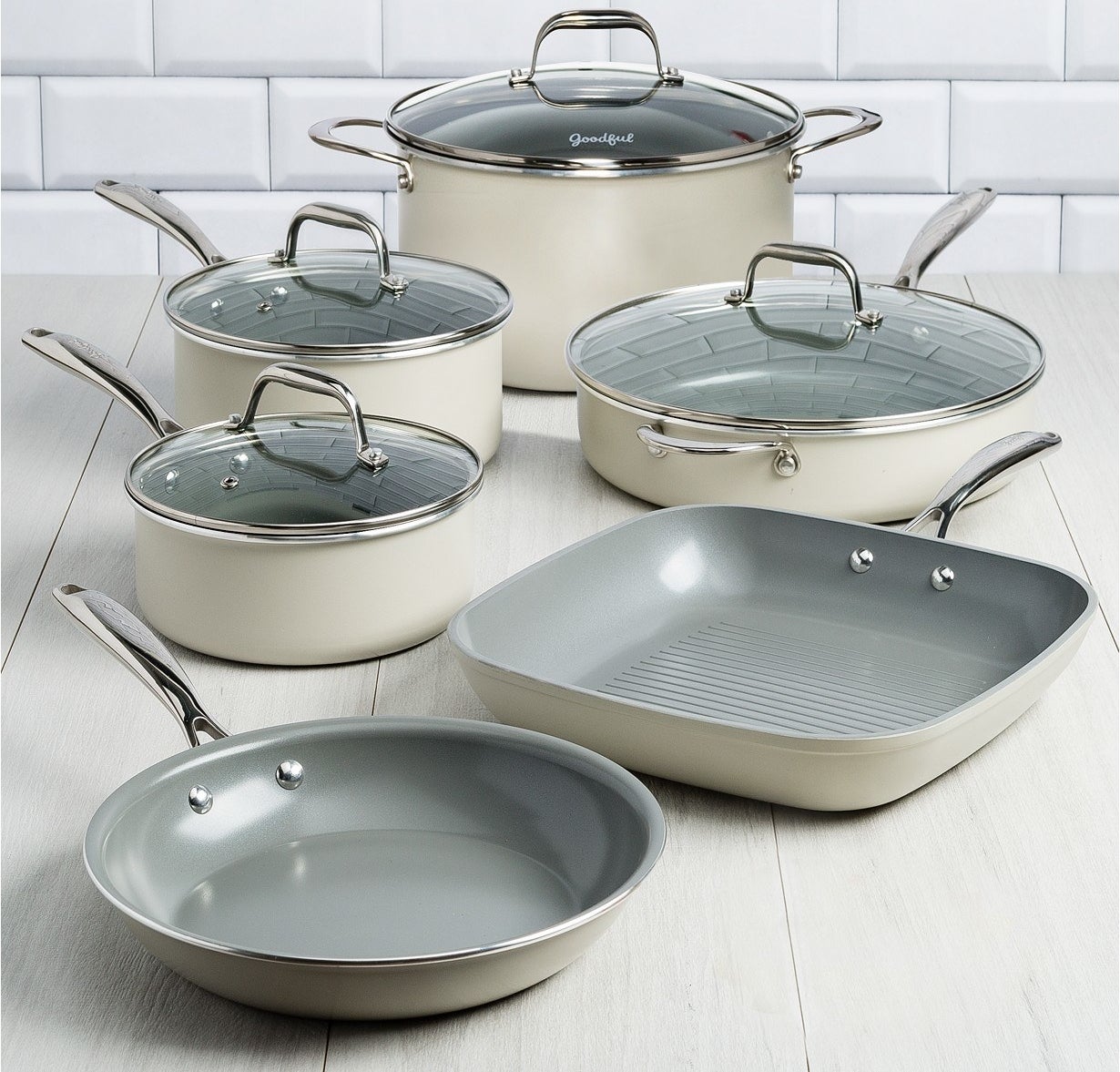 This set can handle temperatures that are hotter than Hades (they are oven safe up to 450°F), are made with a non-stick coating that makes 'em easy to clean, and YES! They're dishwasher-safe.So what does this cookware set include? A fry pan, a saucepan with a lid, a grill pan, a saucepan with a lid, a jumbo cooker with a lid and a helper handle, a dutch oven with a lid, and a recipe booklet!Get it from BuzzFeed's Goodful line, exclusively at Macy's for $150.49 (originally $214.99).