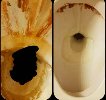 A customer review before and after photo showing the results of using the pumice on their toilet