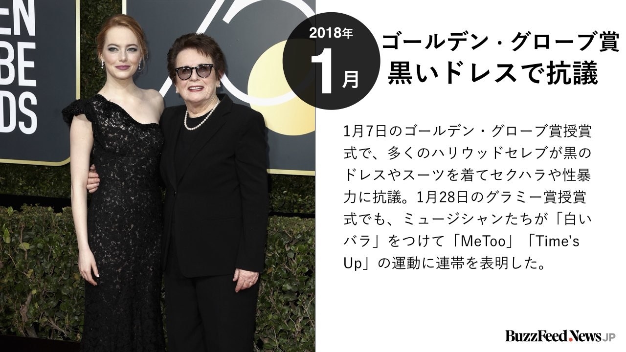 1月7日のゴールデン・グローブ賞授賞式で、多くのハリウッドセレブが黒のドレスやスーツを着てセクハラや性暴力に抗議。1月28日のグラミー賞授賞式でも、ミュージシャンたちが「白いバラ」をつけて「MeToo」「Time’s Up」の運動に連帯を表明した。