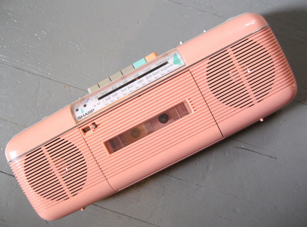 A late-&#x27;80s salmon pink Sharp boombox