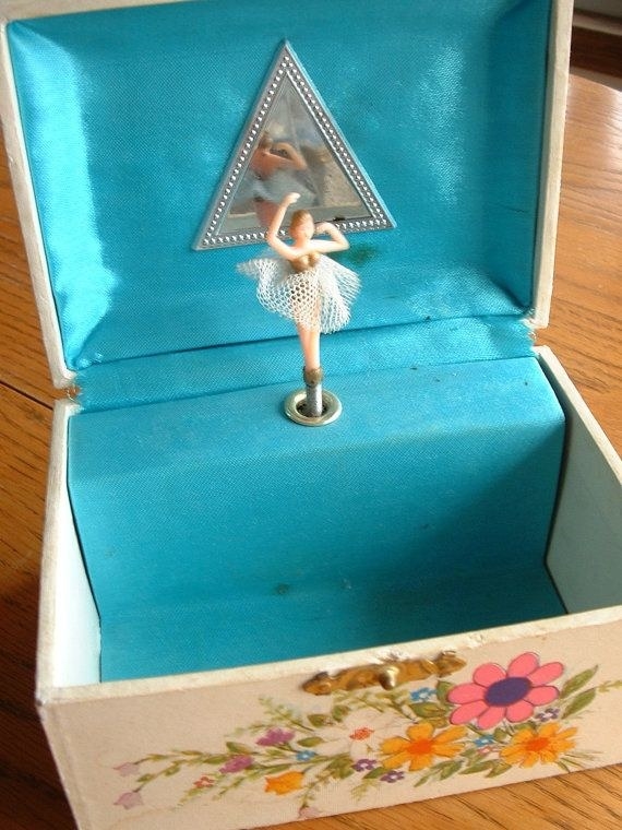 White jewelry box with blue lining interior and a dancing ballerina