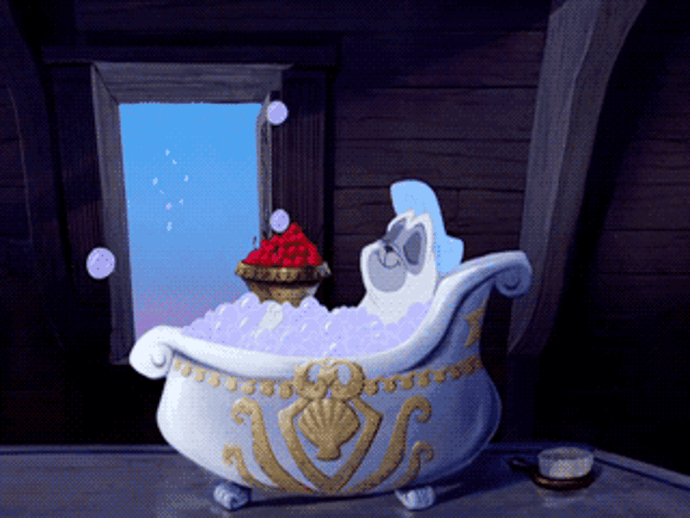Gif of Percy from &quot;Pocahontas&quot; taking a bubble bath and eating fruit