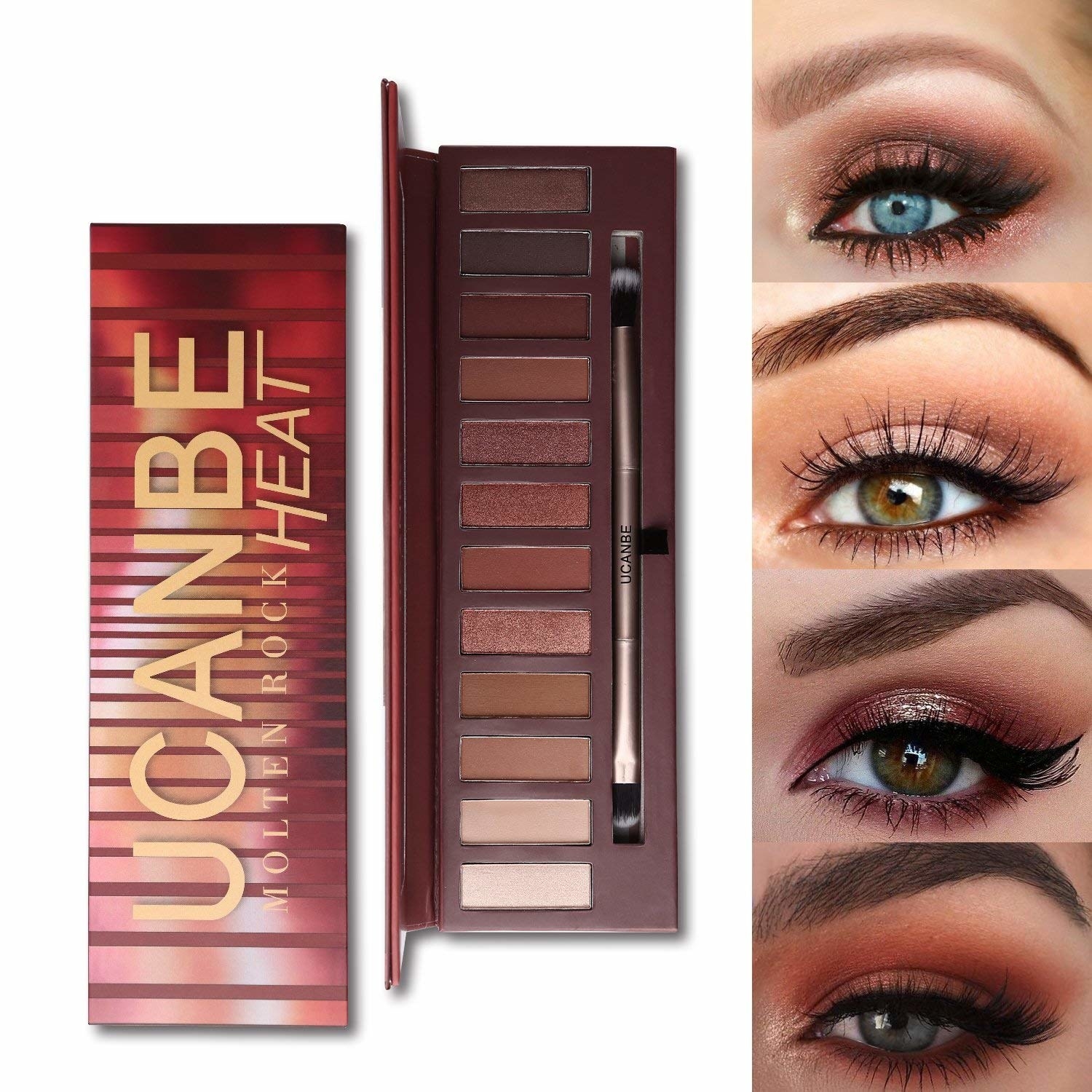 The Ucanbe palette with four models showing the smoky eye looks you can make from it