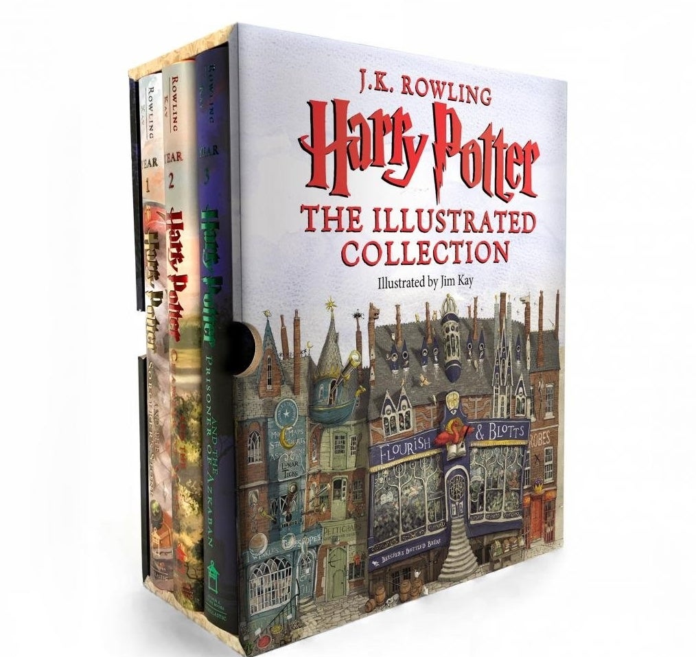 The three Harry Potter books in a cardboard case with &quot;The Illustrated Collection&quot; on it