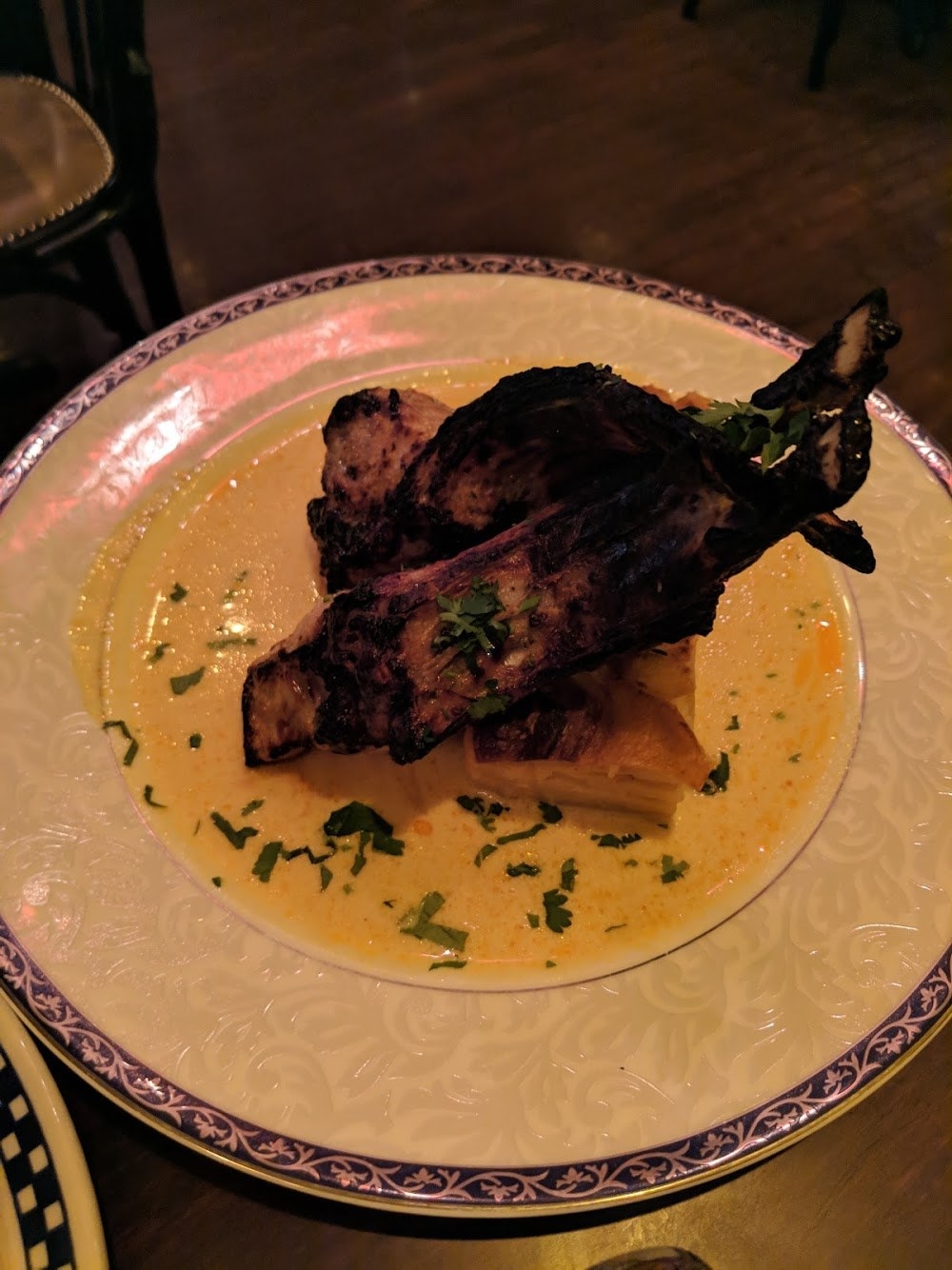 One of the signature dishes at The Drunken Munkey, the Masala Bombay Lamb Chops features Australian baby lamb chops in five spice marinade with a side of aloo au-gratin. The creamy mint and tamarind mango chutney underneath complements the dish perfectly.