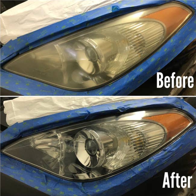 before and after of a headlight that's been treated with the restoration kit
