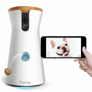 The tall camera in white with a treat coming out of it and a phone, showing a picture of a dog