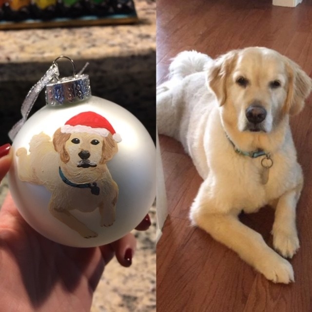 a split photo of the buzzfeed editor&#x27;s dog and the ornament with the dog painted on it