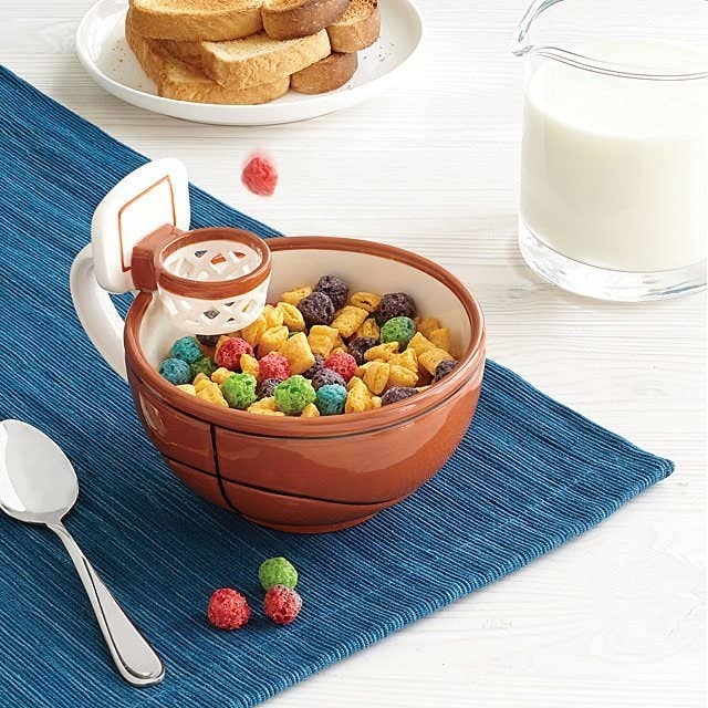 A basketball bowl with a hoop for cereal