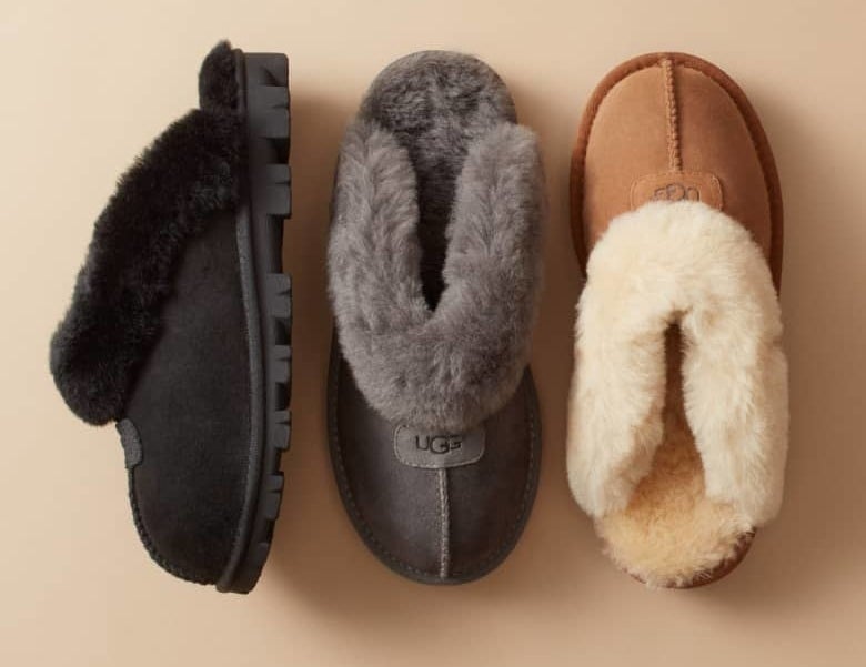 The slide slippers in black, grey, and camel