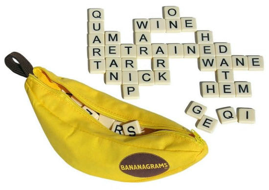 The letter squares forming connected words and the banana-shaped pouch