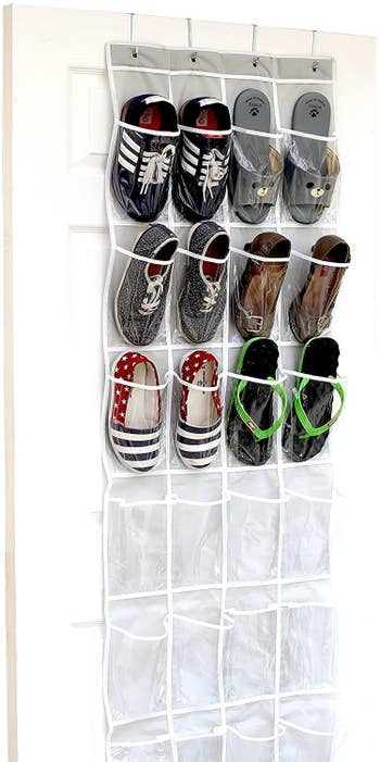 The grey organizer filled with shoes