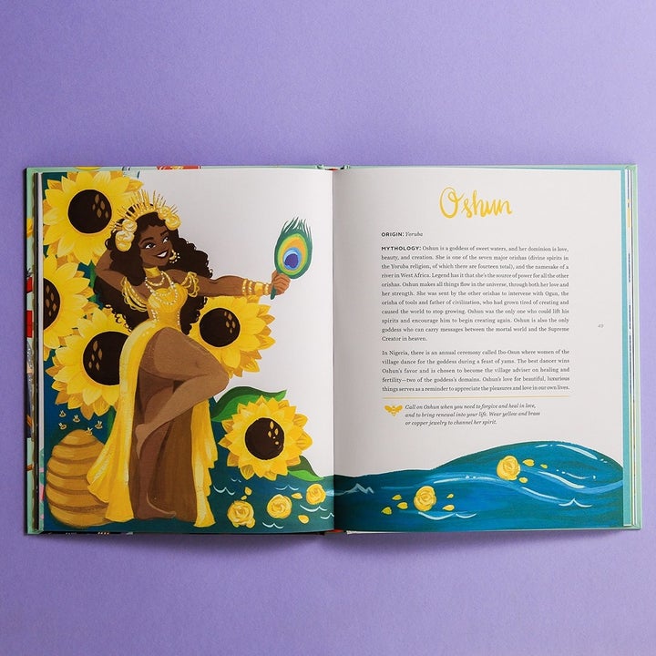 A page inside the book showing a beautiful illustration and a quick read about a goddess 