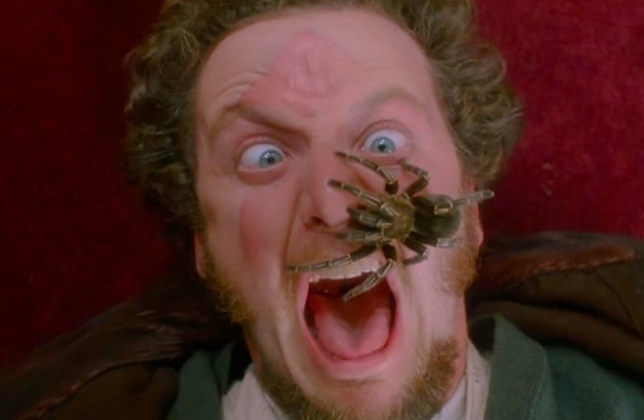 Daniel Stern lying on the floor, with a tarantula on his face, screaming