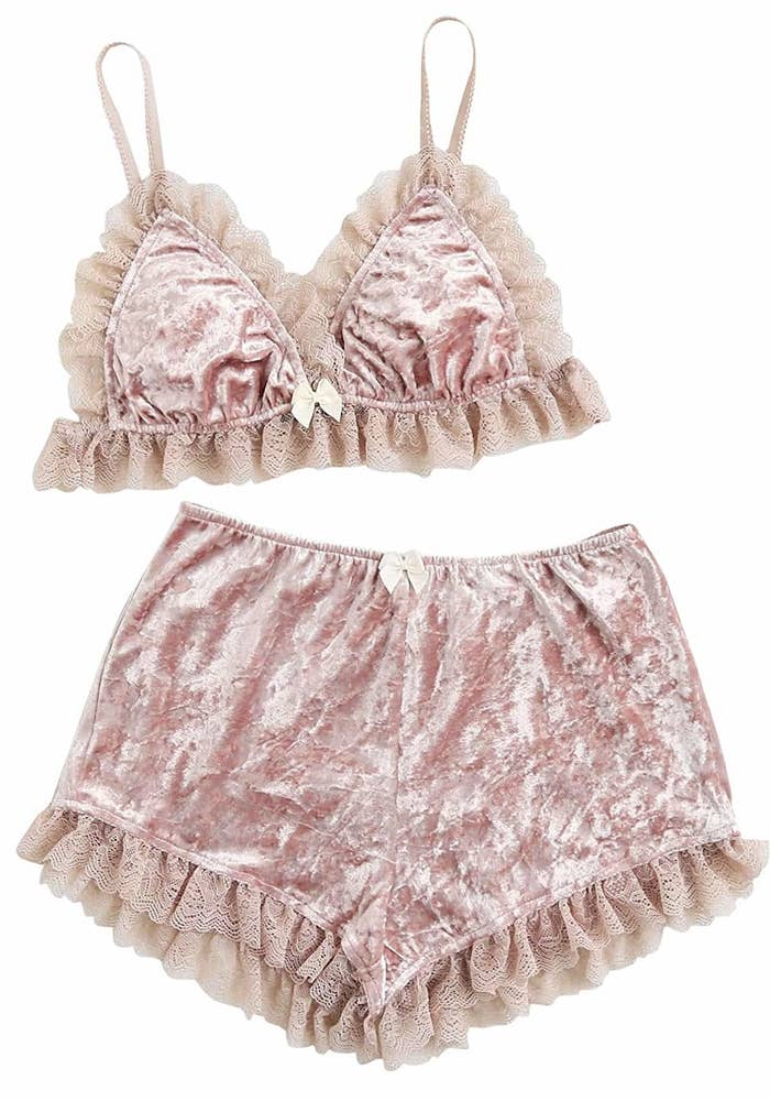 Pink Lace Trim Longline Bralette Shorts Pj Set