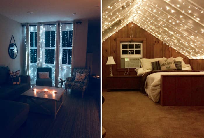 two reviewer images of the lights strung up on windows and room ceiling