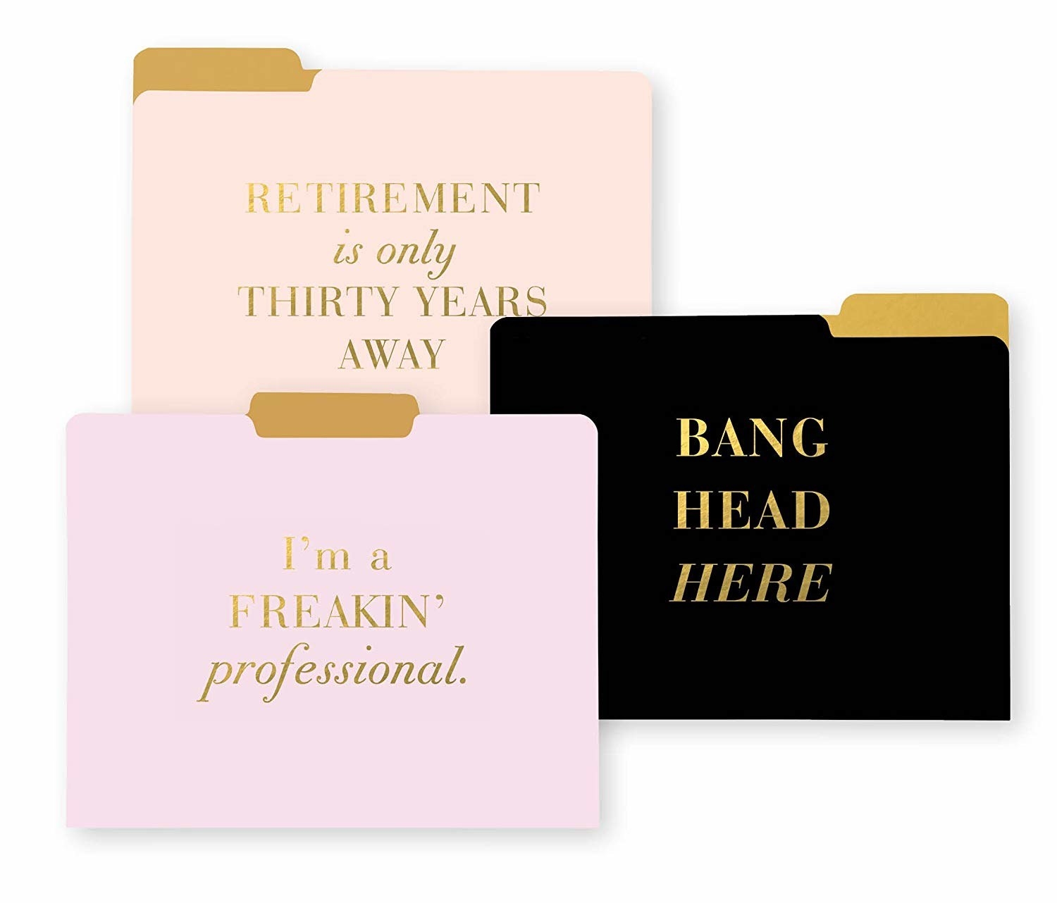 The set of folders that read, &quot;Retirement is only thirty years away,&quot; &quot;I&#x27;m a freakin&#x27; professional,&quot; and &quot;Bang head here&quot;