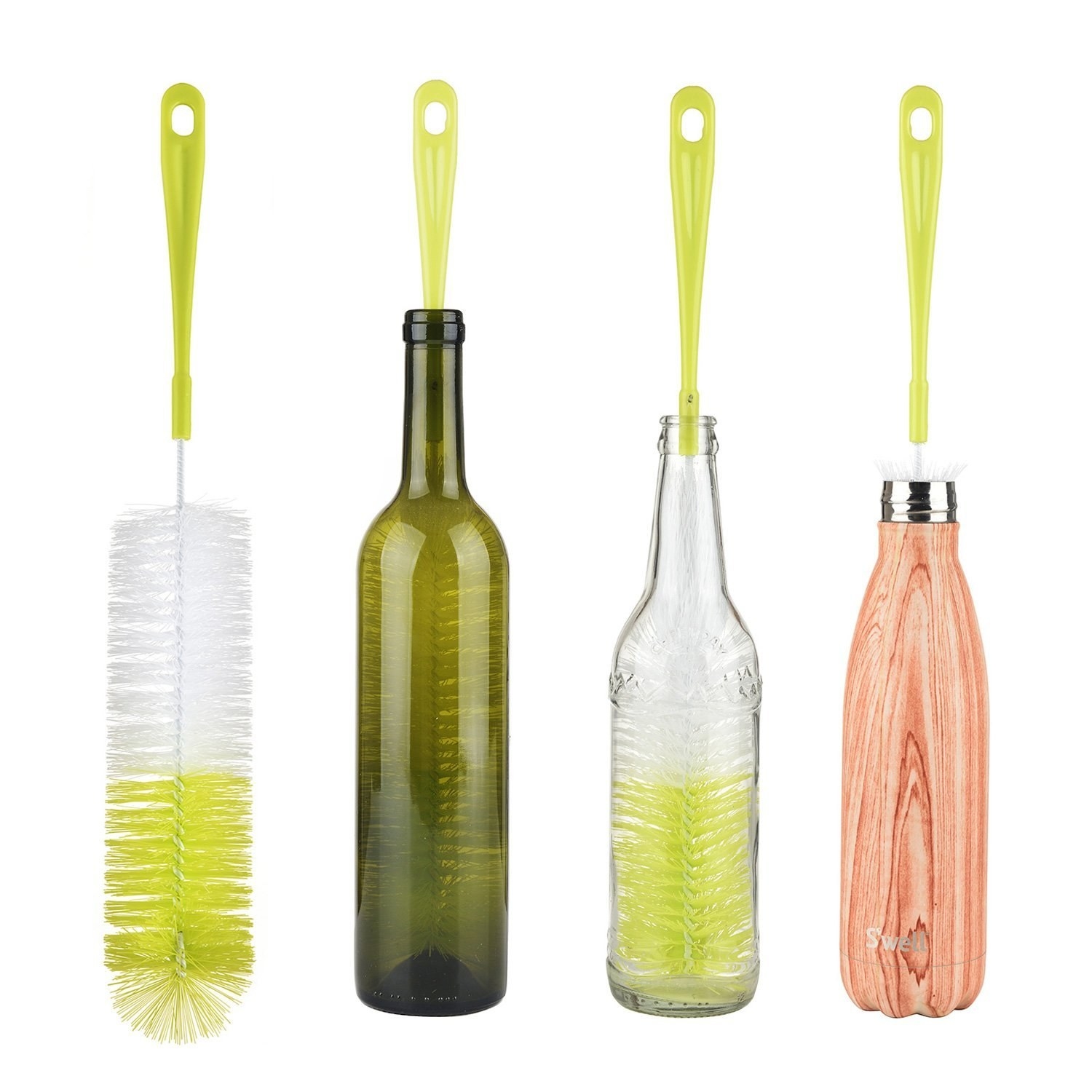 the long narrow brush fitting into a wine bottle, larger bottle, and water bottle