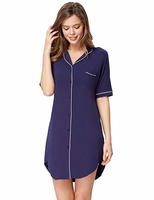 model in purple button-up sleep shirt