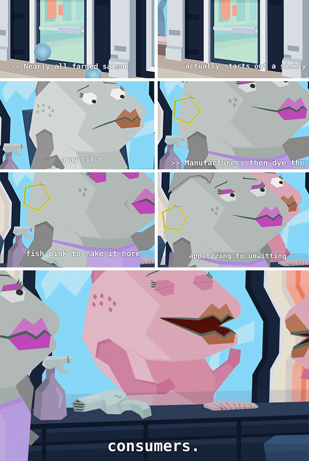 According to Adam, "In the ocean, wild salmon turn pink because they eat krill, but farmed salmon are fed kibble made of chicken fat, soybeans and ground-up feathers." And even when a restaurant's menu claims its salmon is wild, it might be farmed.