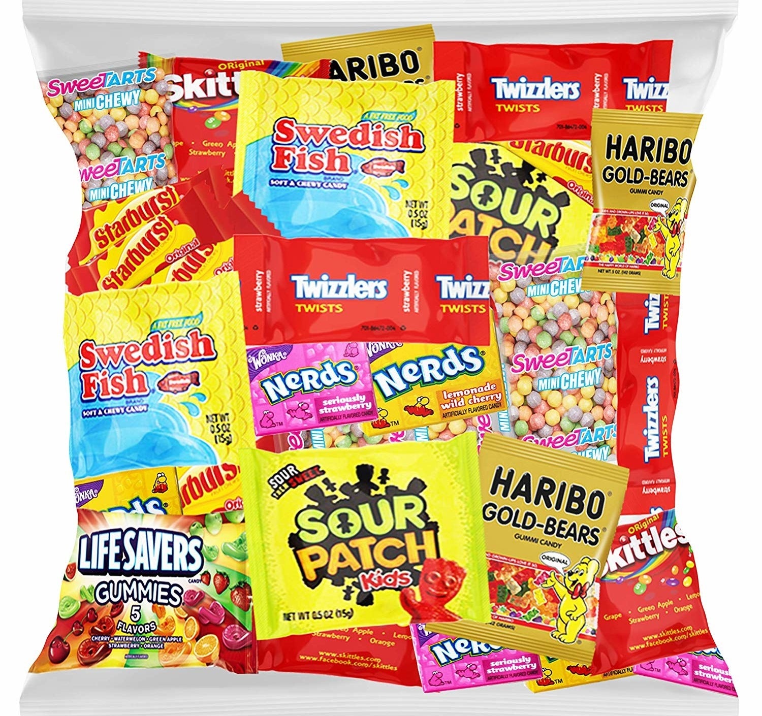 mix of fruity snacks like swedish fish, nerds, and sour patch kids
