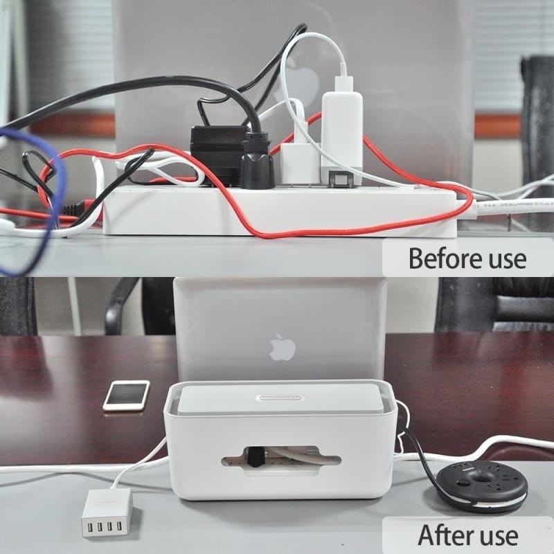 a powerstrip before, covered in cord clutter, and after, with the cords in a white plastic box that hides them