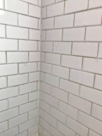 Reviewer photo showing shower walls before using tile scrubber