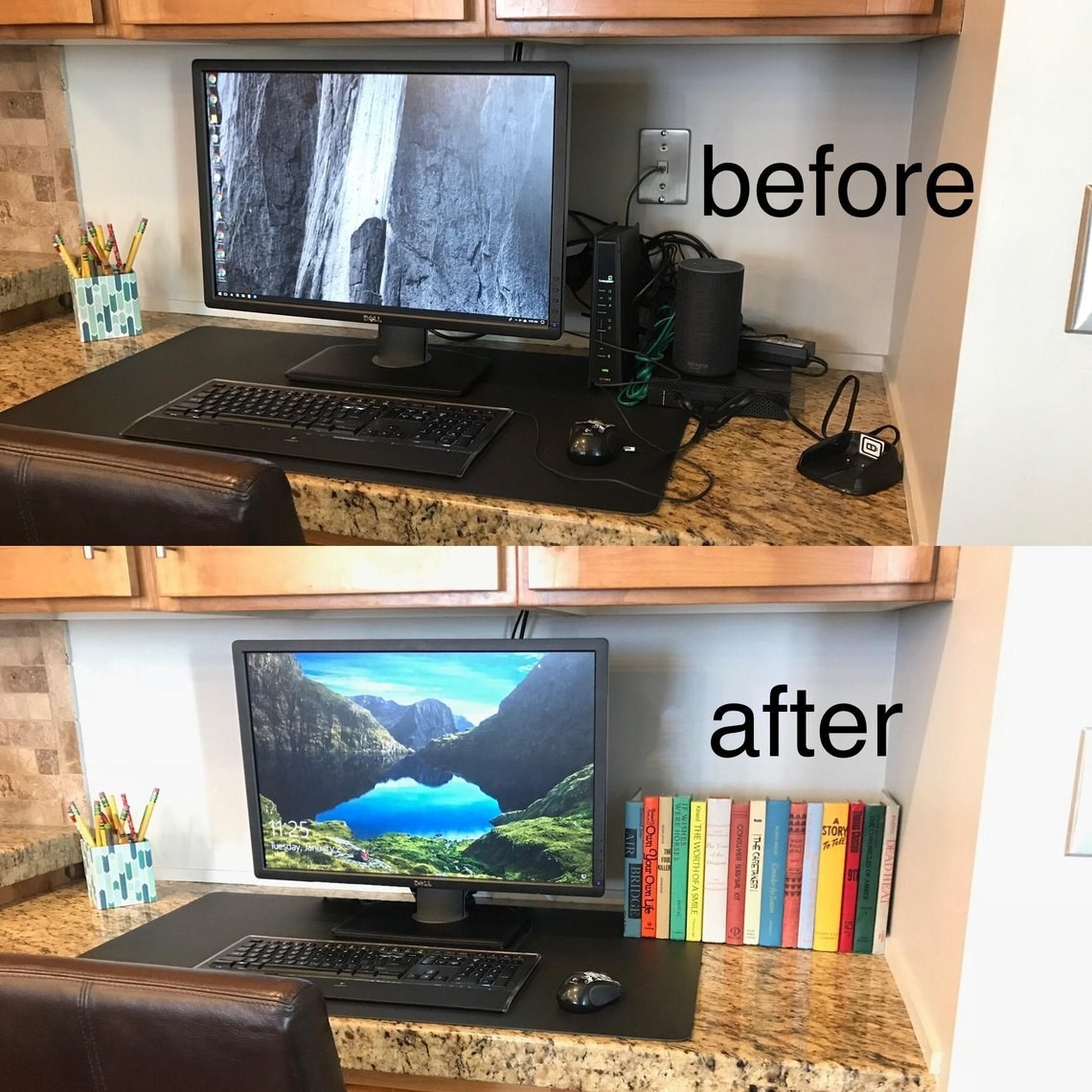 before: a home office with a pile of routers, Amazon Alexas, and other cords next to the computer; after: the same space, except all you see is a row of colorful book spines