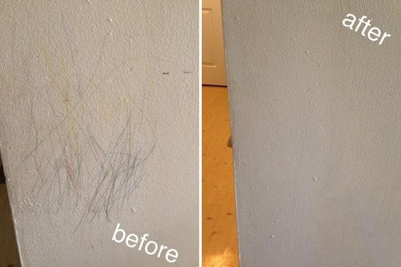 a reviewer&#x27;s wall covered in scuffs, stains, and pen marks before, and back to white after