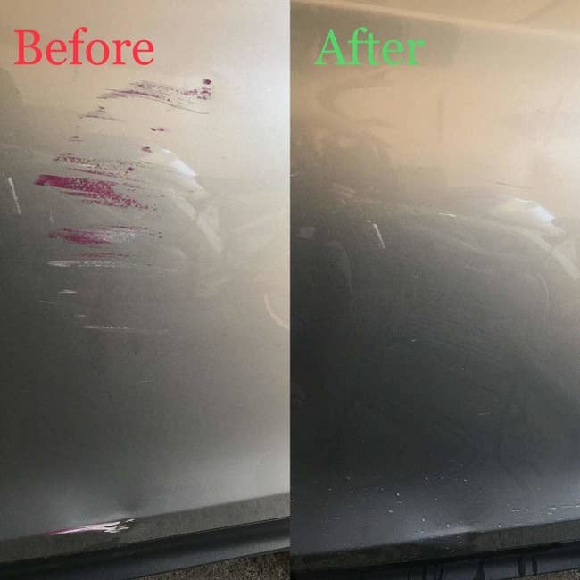 Reviewer's before and after photos showing the scratch remover got rid of purple-red scratch makrs on their silver car