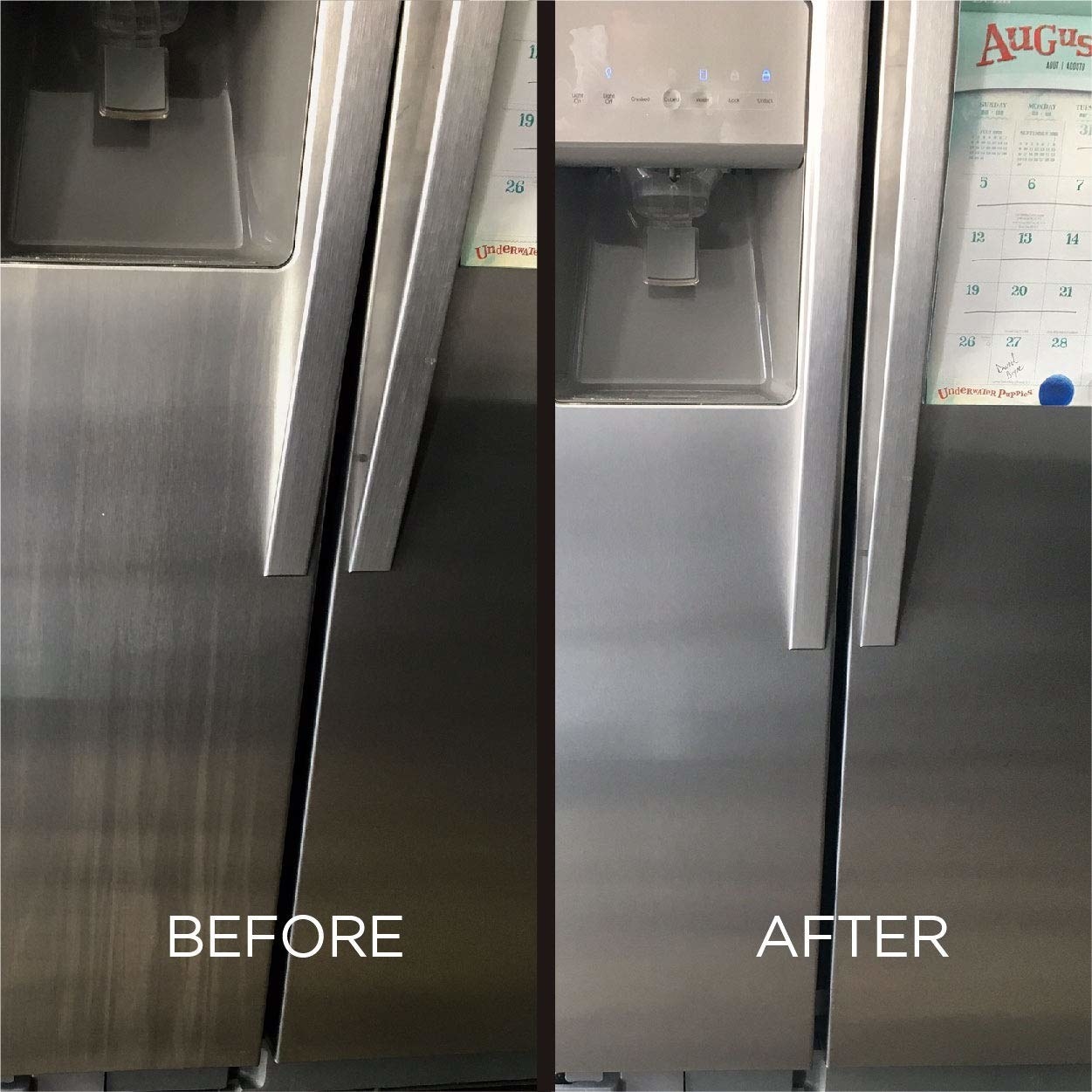 A before/after of a stainless steal fridge, showing the streaks the wipes removed